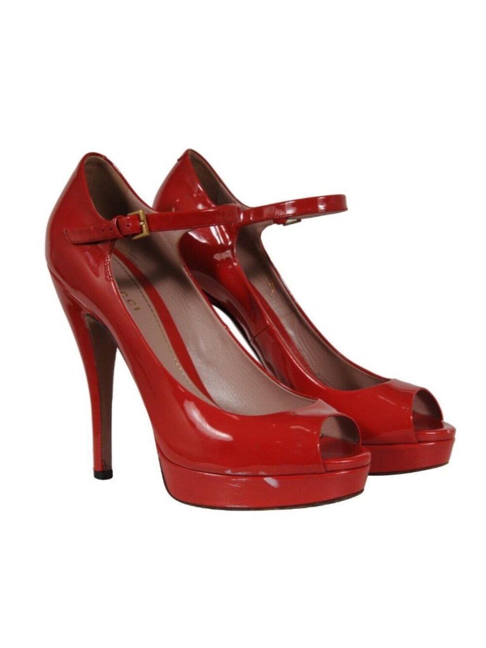 Gucci Peep Toe Platform Ankle Strap Pumps Size US 8.5 EU 38.5 Red Patent Leather
